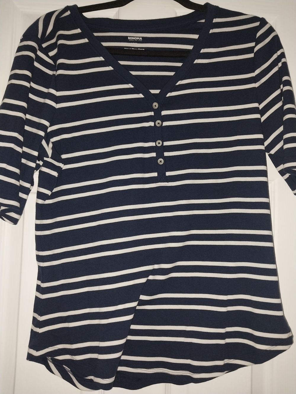 Sonoma Navy and White Striped Short Sleeve Henley Tee